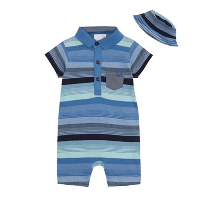 Baby boys' blue striped polo romper suit and hat set
